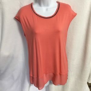 Rose + Olive Pink-coral Top w/Chiffon & Ch…